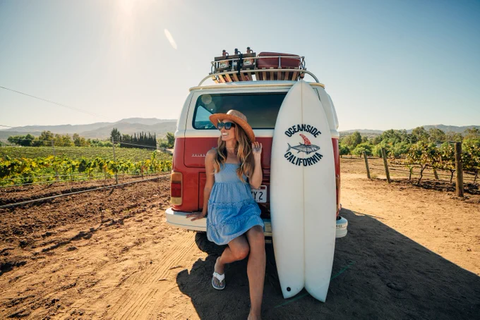 A person wearing a sunhat and sunglasses leans against a vintage Volkswagen van in a vineyard. 