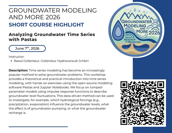 Promotional graphic for Groundwater Modeling and More 2026 Analyzing Groundwater Time Series with Pastas short course, taking place on June 7th. The design has a mostly white background with a dark blue vertical line and conference logo on the right side. On the left, text lists the instructors and provides a brief description of the course. A QR code at the bottom right links to the short course website.
