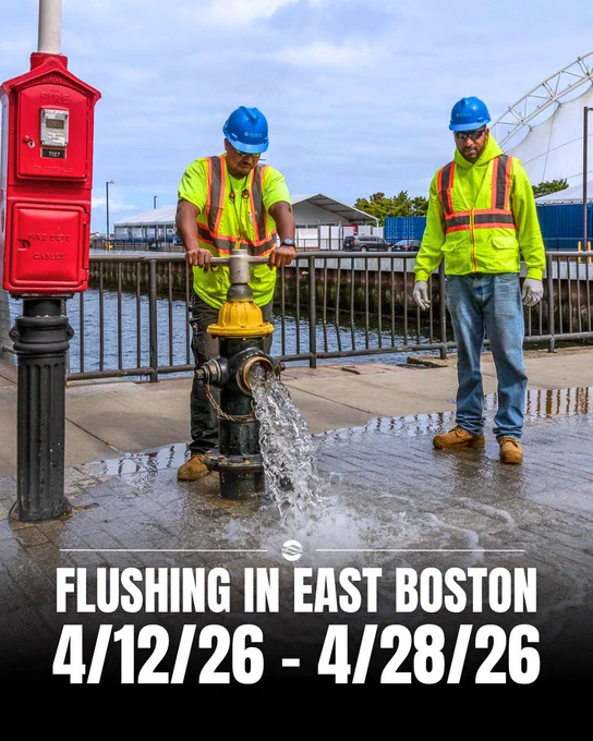 Two BWSC operations crewmen flushing a hydrant. Notice of BWSC water main flushing project from 4/12 -4/28.