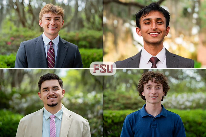 (From left) FSU's 2026 Goldwater Scholarship winners. Top row: Alexander DeLise, Shiv Patel. Second Row: Sebastian Ruiz, Jake Scalabrin.