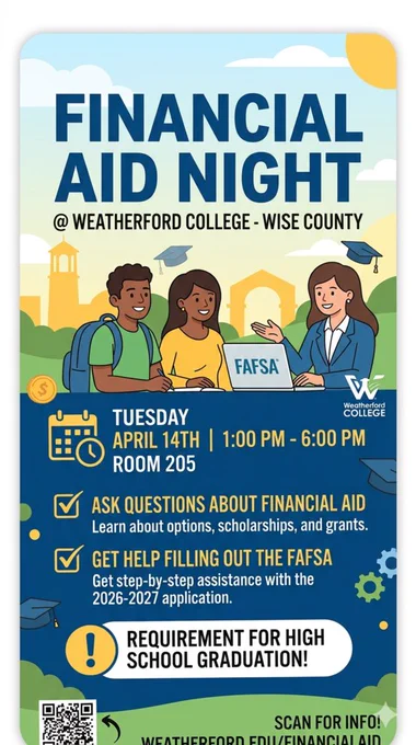 An informative event flyer for Financial Aid Night at Weatherford College - Wise County. The top of the flyer features an illustration of students and an advisor working at a laptop with the FAFSA logo.  The event details are listed as follows:   Date & Time: Tuesday, April 14th from 1:00 PM to 6:00 PM.   Location: Room 205.   Purpose: Attendees can ask questions about financial aid and get help filling out the 2026-2027 FAFSA application.   Important Note: A prominent yellow circle highlights that FAFSA completion is a requirement for high school graduation.  The bottom of the flyer includes the Weatherford College logo, a QR code for more information, and the website URL.