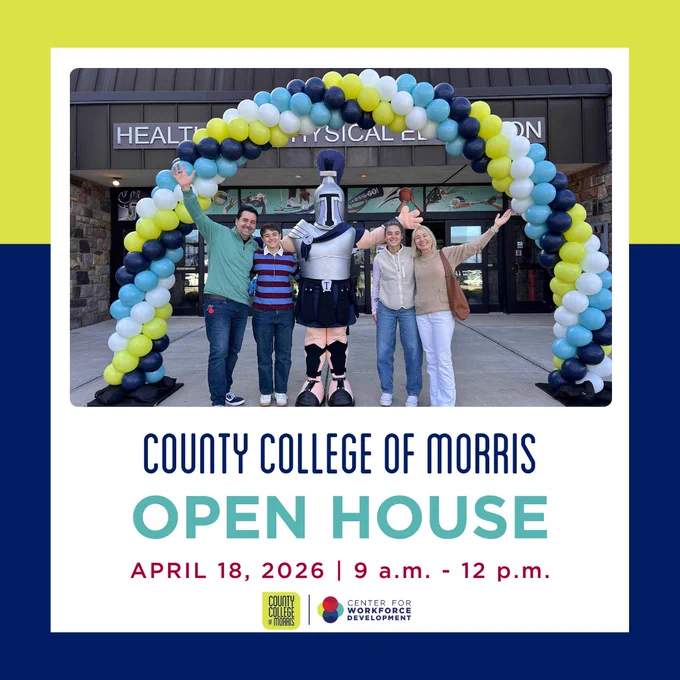 Graphic promoting our Open House event on April 18, 2026 from 9 am - 12 pm. The image includes a group of four people and a college mascot posing happily under a colorful balloon arch outside a health and physical education building.