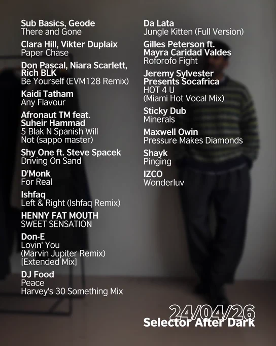 A man, Rohan Rakhit, is leaning casually against a blank wall in a striped knit jumper and wide-leg trousers, gazing to the right, with a clothing rail of muted coats beside him. The date 24/04/26 sits in a white circle at the bottom right. Above in white is the following After Dark tracklist. Sub Basics, Geode - There and Gone
Clara Hill, Vikter Duplaix - Paper Chase
Don Pascal, Niara Scarlett, Rich BLK - Be Yourself (EVM128 Remix)
Kaidi Tatham - Any Flavour
Afronaut TM feat. Suheir Hammad - 5 Blak N Spanish Will Not (sappo master)
Shy One ft. Steve Spacek - Driving On Sand
D'Monk - For Real
Ishfaq - Left & Right (Ishfaq Remix)
HENNY FAT MOUTH - SWEET SENSATION
Don-E - Lovin' You (Marvin Jupiter Remix) [Extended Mix]
DJ Food - Peace - Harvey's 30 Something Mix
Da Lata - Jungle Kitten (Full Version)
Gilles Peterson ft. Mayra Caridad Valdes - Roforofo Fight
Jeremy Sylvester Presents Socafrica - HOT 4 U (Miami Hot Vocal Mix)
Sticky Dub - Minerals
and more