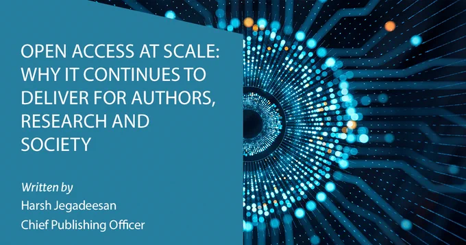 The image has the title of the Springboard Blog on it: 'OPEN ACCESS AT SCALE: WHY IT CONTINUES TO DELIVER FOR AUTHORS, RESEARCH AND SOCIETY'. It also says, 'Written by Harsh Jegadeesan, Chief Publishing Officer'. The background is the Springer Nature Annual Report cover.