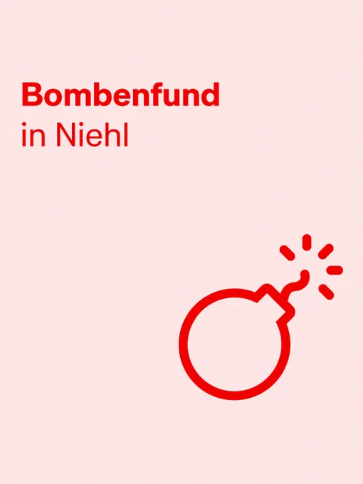 Roter Schriftzug „Bombenfund in Niehl“ auf rosa Hintergrund mit stilisierter roter Bombe unten rechts.