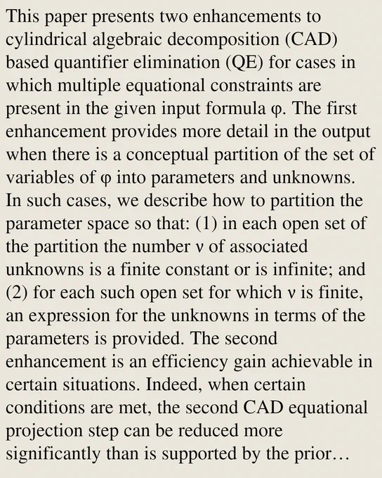 This paper presents two enhancements to cylindrical algebraic decomposition (CAD) based quantifier elimination (QE) for cases in which multiple equational constraints are present in the given input formula φ. The first enhancement provides more detail in the output when there is a conceptual partition of the set of variables of φ into parameters and unknowns. In such cases, we describe how to partition the parameter space so that: (1) in each open set of the partition the number ν of associated unknowns is a finite constant or is infinite; and (2) for each such open set for which ν is finite, an expression for the unknowns in terms of the parameters is provided. The second enhancement is an efficiency gain achievable in certain situations. Indeed, when certain conditions are met, the second CAD equational projection step can be reduced more significantly than is supported by the prior existing theory. Relevant theorems and worked examples for both enhancements are provided. Application