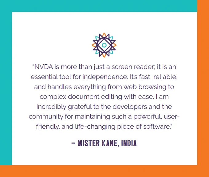 Text of quote from post with NV Access sunburst logo above and turquoise and orange border
