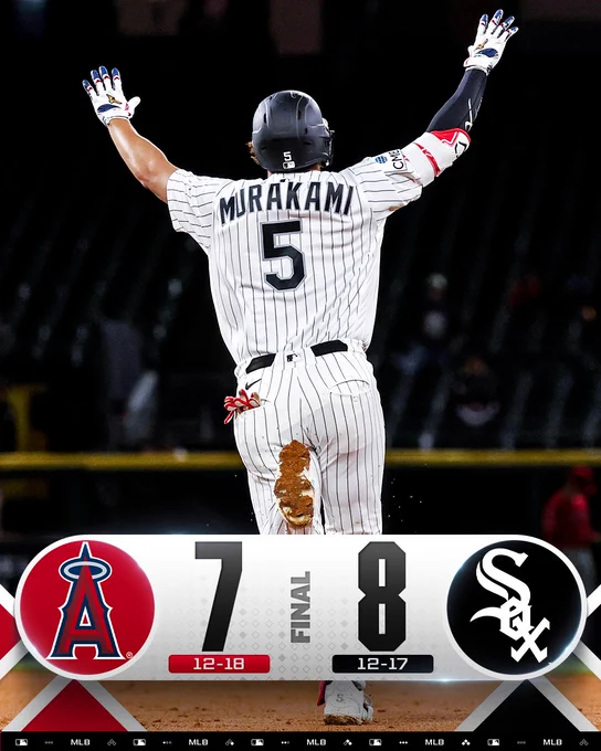 Final Score: 4/27/26
Los Angeles Angels 7 (12-18) Chicago White Sox 8 (12-17)
Pictured: Munetaka Murakami pictured from behind after his go-ahead home run as he runs the bases with his arms extended in the air. He wears a white pinstriped White Sox uniform and black White Sox batting helmet.