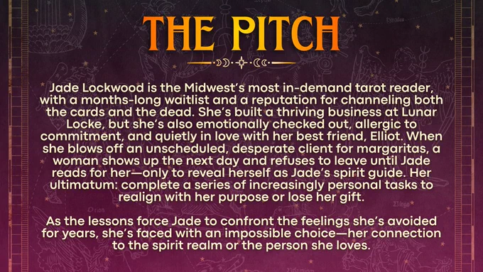 Purple/pink ombre zodiac background with gold along the sides. THE PITCH at the top of the page in ombre yellow/orange text. Golden page break. One-paragraph pitch in a sans-serif font: Jade Lockwood is the Midwest’s most in-demand tarot reader, with a months-long waitlist and a reputation for channeling both the cards and the dead. She’s built a thriving business at Lunar Locke, but she’s also emotionally checked out, allergic to commitment, and quietly in love with her best friend, Elliot. When she blows off an unscheduled, desperate client for margaritas, a woman shows up the next day and refuses to leave until Jade reads for her—only to reveal herself as Jade’s spirit guide. Her ultimatum: complete a series of increasingly personal tasks to realign with her purpose or lose her gift.

As the lessons force Jade to confront the feelings she’s avoided for years, she’s faced with an impossible choice—her connection to the spirit realm or the person she loves.