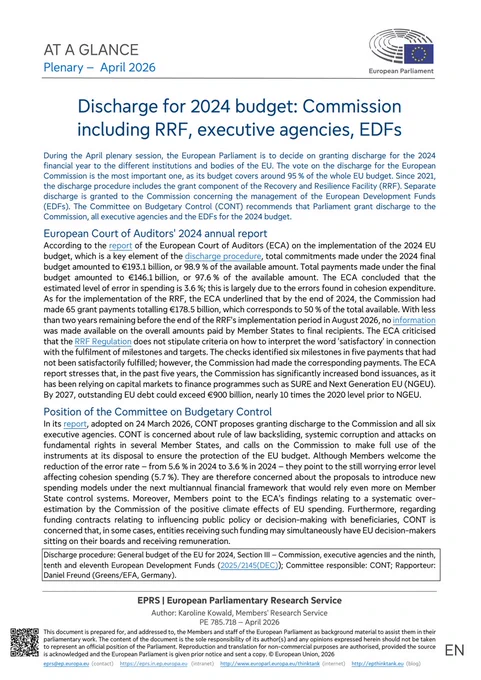 EPRS plenary at-a-glance on 'Discharge for 2024 budget: Commission including RRF, executive agencies, EDFs' (April 2026)
