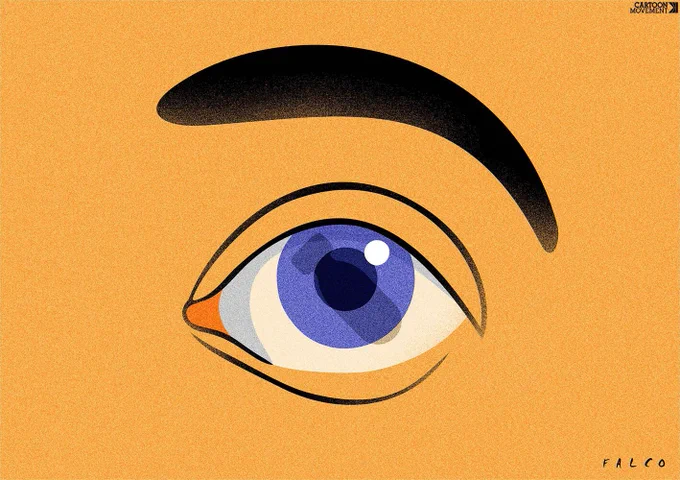 Cartoon showing a giant eye. Reflected in the eye is the silhouette of a falling bomb.