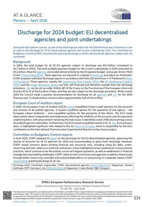 EPRS plenary at-a-glance on 'Discharge for 2024 budget: EU decentralised agencies and joint undertakings' (April 2026)