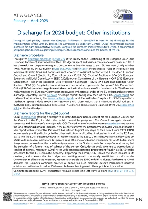 EPRS plenary at-a-glance on 'Discharge for 2024 budget: Other institutions' (April 2026)