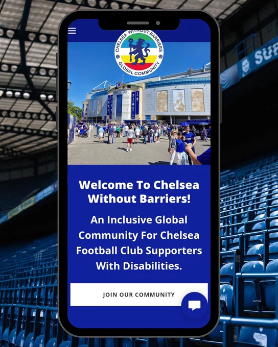 A mobile phone shows the home page of the Chelsea Without Barriers website. A background on the Matthew Harding stand features.
