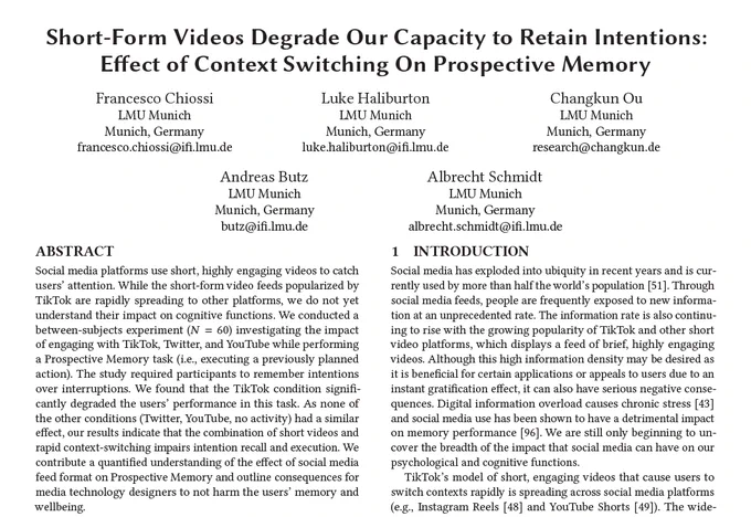 Short-Form Videos Degrade Our Capacity to Retain Intentions: Effect of Context Switching On Prospective Memory