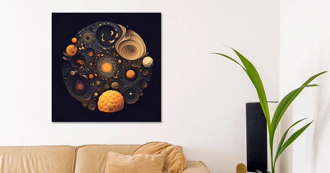 This captivating circular artwork features swirling patterns and intricate geometric shapes, representing the fractal nature of the universe. Warm golden yellows blend into deep navy blues, symbolizing the continuum of space and time. Small orbs float in each corner, evoking stars or distant planets, all set against a rich dark background for dramatic contrast. This high-resolution digital piece invites contemplation of cosmic beauty and the complex structures formed from celestial dust, making it ideal for modern wall art or metaphysical-inspired decor.