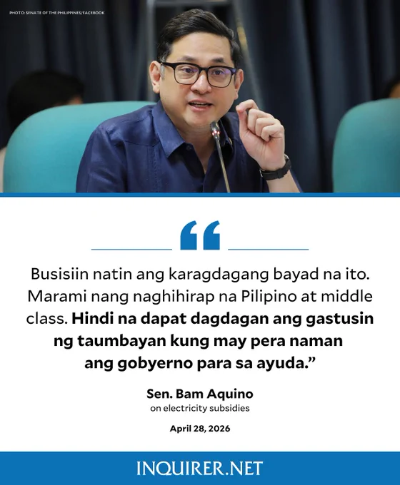 Sen. Bam Aquino proposed that electricity subsidies be funded through the national budget to ease the burden on low- and middle-income consumers.
