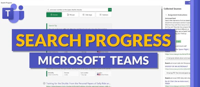 Microsoft Teams interface showing search results, highlighted “Search Progress” banner.