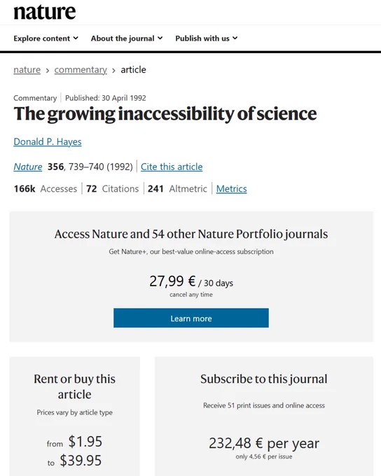 A subscription notice for Nature, highlighting access fees and options for renting articles, emphasizing science's rising inaccessibility.