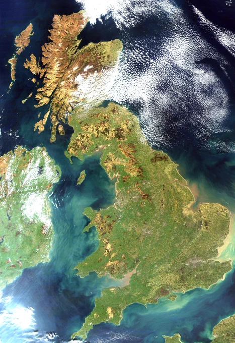 A colour satellite image of Great Britain.