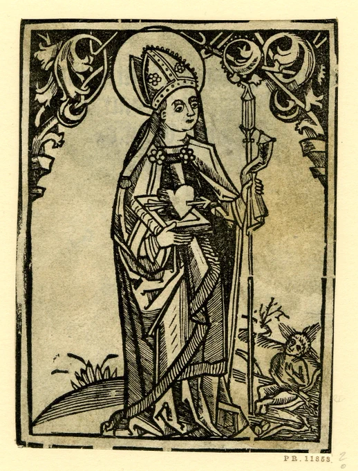 Woodcut of St Augustine of Hippo in bishop's garb, holding a book on which a heart pierced by an arrow is resting; the Christ Child holding a spoon; with leaf ornaments against black ground in upper corners; illustration to an unidentified publication. Date of production: 1490-1520.