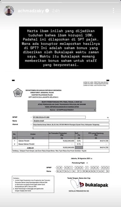 Bukti potong pajak Ibam, Agustus 2021, yang menunjukkan saham pendiri yang dibayar dalam rangka IPO Bukalapak. Tidak ada kaitannya sama sekali dengan Gojek, Chromebook, ataupun perkara yang sedang dihadapi Ibam.

Dalam tangkapan layar, terdapat caption dari @achmadzaky, founder Bukalapak, dengan komentar meluruskan bahwa waktu itu memang ada saham Bukalapak yang diberikan kepada Ibam sebagai salah satu staf yang berprestasi.