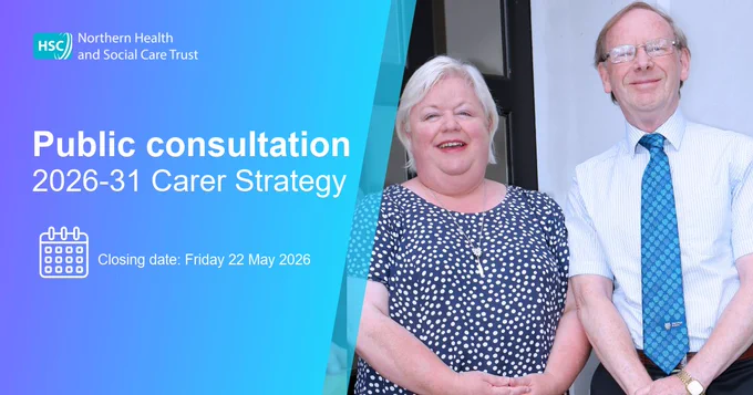 Image shows a man and a woman standing together. Text reads - public consultation 2026-31 carer strategy, closing date friday 22 may 2026