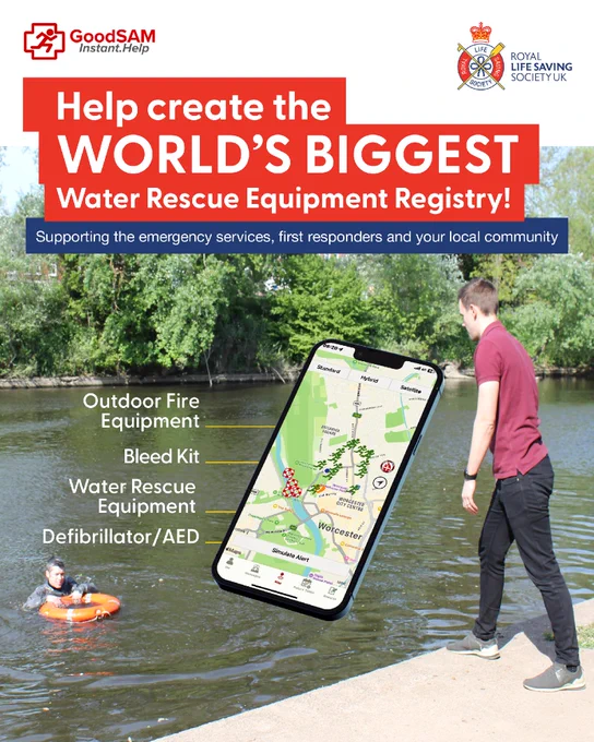 A person stands by a riverbank, observing an individual in the water wearing an orange flotation device. An enlarged smartphone screen displays a map with location pins labeled for outdoor fire equipment, bleed kit, water rescue equipment, and defibrillator/AED. The top includes logos for GoodSAM and the Royal Life Saving Society UK and text promoting the creation of the world’s biggest water rescue equipment registry. A banner supports emergency services, first responders, and the local community.