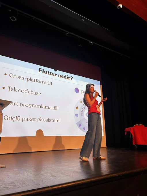 Bir konuşmacı sahnede mikrofonla sunum yapıyor. Ekranda “Flutter nedir?” başlıklı bir slayt ve Flutter ile ilgili maddeler yer alıyor. Sahnenin sağ tarafında masa bulunuyor.