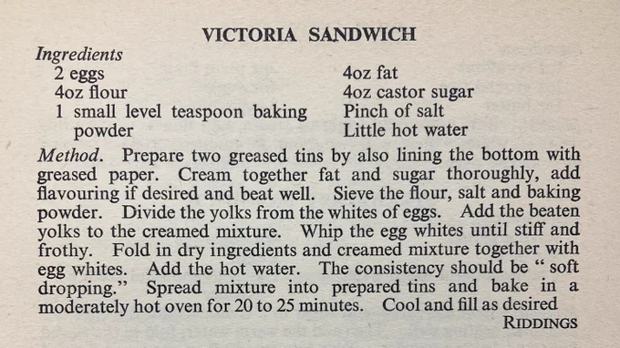 Excerpt from the book: a printed recipe for a Victoria Sandwich cake.