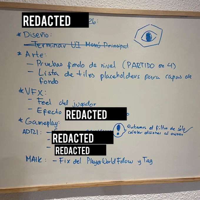 A white board with a To-Do list in spanish showing several tasks for the development of Screen Crashers, a game being made by Oddcomes Studio whose logo is drawn in the top right corner. Some secret tasks show a “REDACTED” label on them
