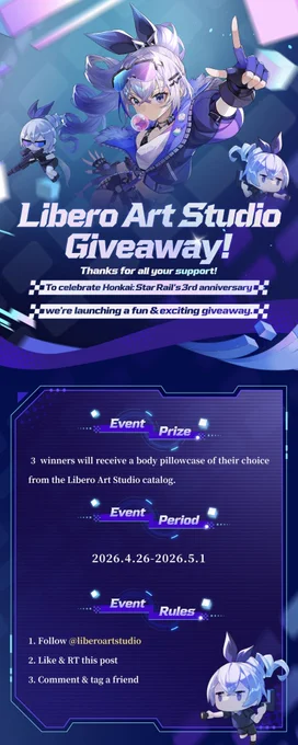 Libero Art Studio HSR 3rd anniversary giveaway poster, Silver Wolf, pillowcase prize.