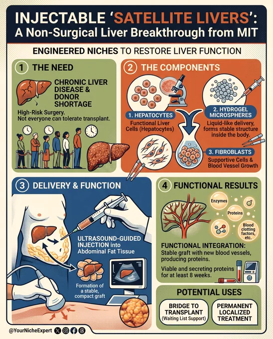 MIT has developed a non-surgical liver transplant alternative using injectable "satellite" organs. The method utilizes a liquid mixture of hepatocytes, fibroblasts, and hydrogel microspheres that solidifies into a localized "engineered niche" once injected. Animal trials showed these ultrasound-guided grafts successfully integrated with host blood vessels, receiving nutrients and secreting vital liver proteins. While immune rejection remains a challenge potentially addressed by future "stealth" cells this technology could serve as a temporary bridge for transplant patients or a permanent treatment for chronic liver failure