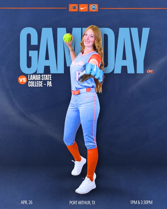 Game day graphic with softball player 
Against Lamar State College - PA
Time 1pm & 3:30pm
At Port Arthur, TX