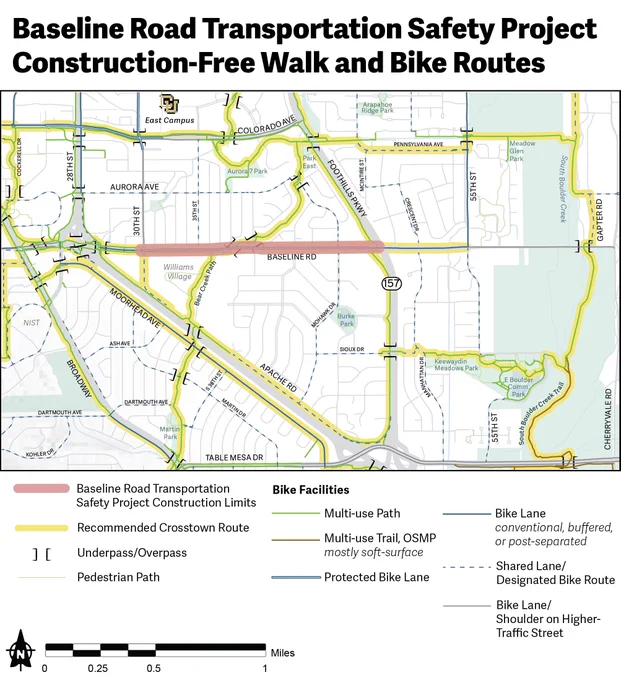 Map showing Baseline Road with highlighted construction-free walk and bike routes for safety improvements in a suburban area.