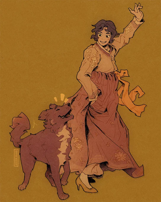 A woman dances in a hanbok, a traditional Korean garment. A happy dog dances beside her.
