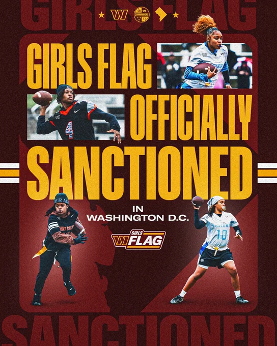 Graphic. It reads: Girls Flag Officially Sanctioned in Washington, D.C. It features four photos of girls flag football players. 
