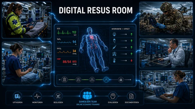 AI-gedreven remote scenario training met 3D patiëntmodellen.
Interventies beïnvloeden direct ECG, SpO₂, EtCO₂ en hemodynamiek.
Gebouwd voor team-based decision making in acute zorg.