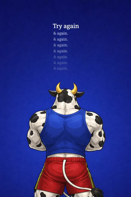 A stylized cartoon illustration shows Moooscle, the muscular anthropomorphic bull mascot, seen from behind.
He stands firmly with his broad back facing the viewer, wearing a blue tank top and red shorts with yellow stripes. His black‑and‑white fur pattern, horns, and tail are clearly visible.

The background is a solid deep blue, with no additional elements.
At the top of the image, a motivational phrase is repeated multiple times in white text:

“Try again
& again.
& again.
& again.
& again.
& again.
& again.
& again.”

The repetition creates a mantra‑like effect, emphasizing persistence and resilience.
The overall mood of the image conveys determination, discipline, and the quiet strength of trying one more time.