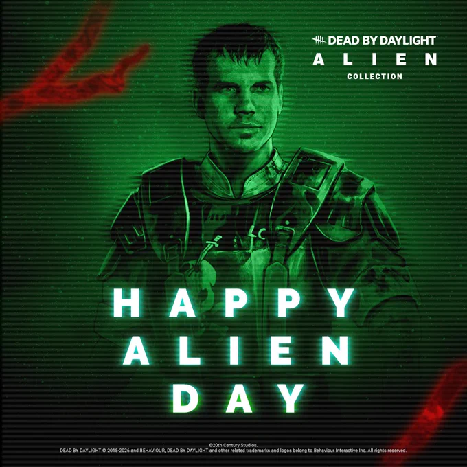 The William Hudson Legendary Outfit for Ellen Ripley against a green, digital screen. The text reads: "Happy Alien Day!"