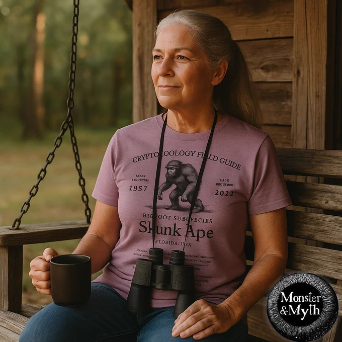 An older woman with long gray hair sits peacefully on a wooden porch swing at sunrise, holding a coffee mug in one hand and binoculars in her lap. She wears a mauve t-shirt that reads “Cryptozoology Field Guide – Bigfoot Subspecies – Skunk Ape – Florida, USA – 1957 to 2022” with a sketch of the creature in a crouching stance. The surrounding woods are softly lit, and the Monster & Myth logo appears in the bottom corner.