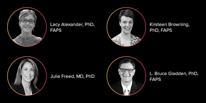 Four professional headshots arranged in a grid with names and academic titles displayed beside each photo on a black background.
