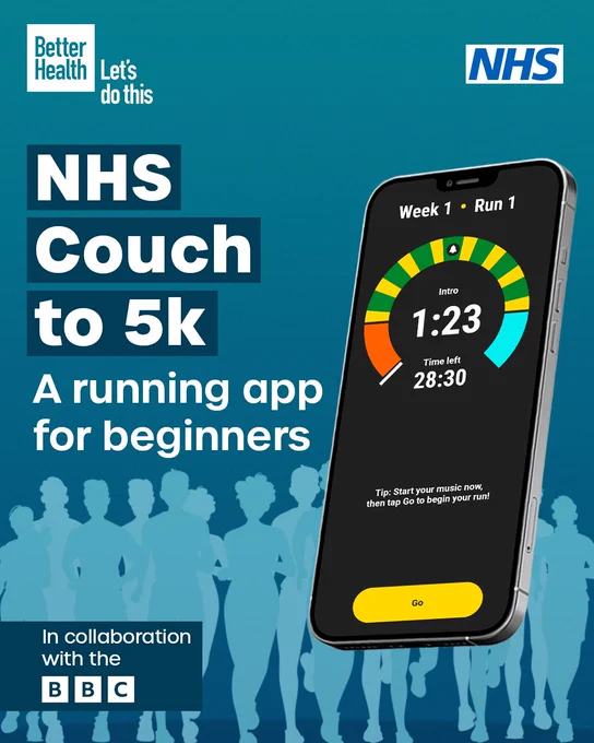 An advertisement for the "NHS Couch to 5k" app. The background features silhouettes of people jogging. A smartphone displays the app's interface with a timer. Logos for NHS and NHS Better Health, and "in collaboration with the BBC".