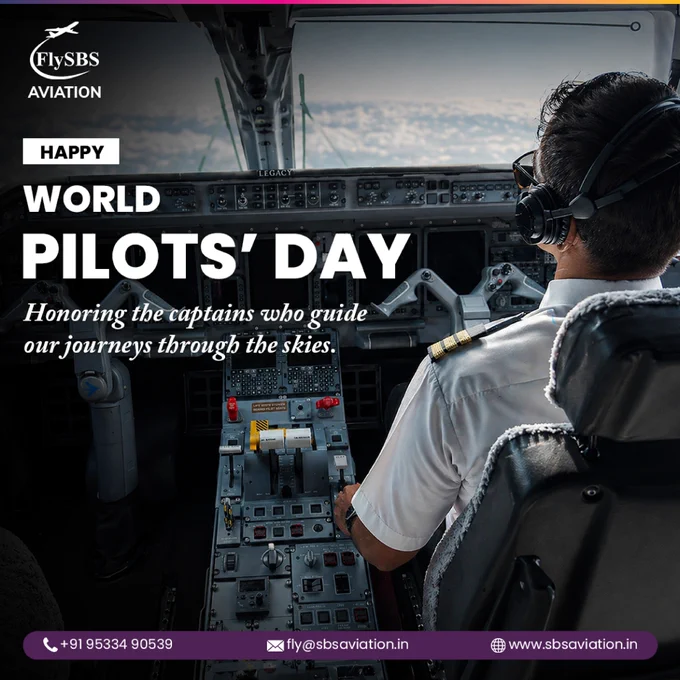 Pilot operating an aircraft cockpit with full control panel view, wearing aviation headset, representing World Pilots’ Day celebration by FlySBS Aviation, highlighting professional pilots, aviation safety, and cockpit operations.