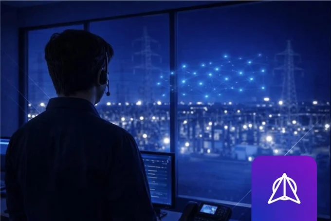 A person with a headset is looking out a window at night. Outside, there are power lines, city lights, and a glowing network graphic. A logo is in the corner. The scene is bathed in blues.
