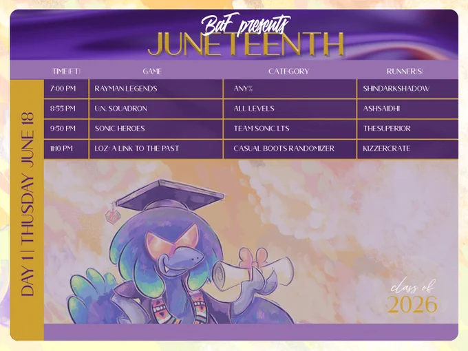 Juneteenth 2026 Day 1 schedule for June 18th featuring an image of Joy in a graduation outfit 

schedule text reads: 
Time(et) Game	  Category	Runner
7:00 PM	Rayman Legends	Any%	ShinDarkShadow
8:55 PM	U.N. Squadron	All Levels	AshSaidHi
9:50 PM	Sonic Heroes	Team Sonic LTS	TheSuperior
11:10 PM	The Legend of Zelda: A Link to the Past	Casual Boots Randomizer	Kizzercrate