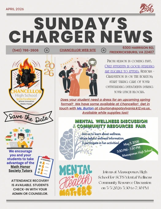 Senior need to pay dues during lunch in order to attend prom and graduation, mental health event at MHS 5/5/2026, new VHSL rules with a link