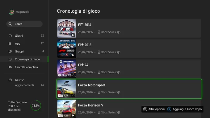 Cronologia con i giochi recenti avvviati: F1 2016, F1 2018, F1 24, Forza Motorsport, Forza Horizon 5