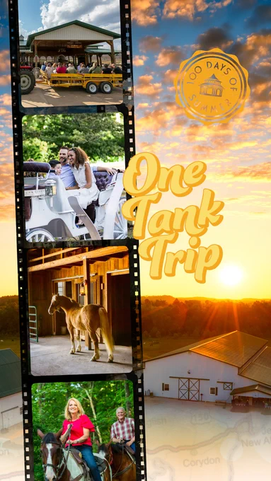 A film strip with images of various activities: a vintage car, horse-drawn carriage, a horse in a stable, and horseback riding. The background shows a sunset with "One Tank Trip" written in large text and a logo reading "100 Days of Summer.
