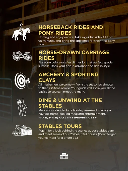 A flyer promoting activities at a leisure center featuring horseback rides, pony rides, horse-drawn carriage rides, archery, sporting clays, dining events, and stable tours. The dates for the dining events are May 23, 24, 25, 31, and June 5, 6. The flyer includes icons representing each activity.